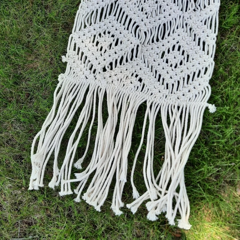 Boho Cream Macrame Woven Table Runner With Long Fringe Ends